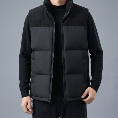 Brennick Puffer Vest in black, men's puffer vest with corduroy shoulders and stand collar