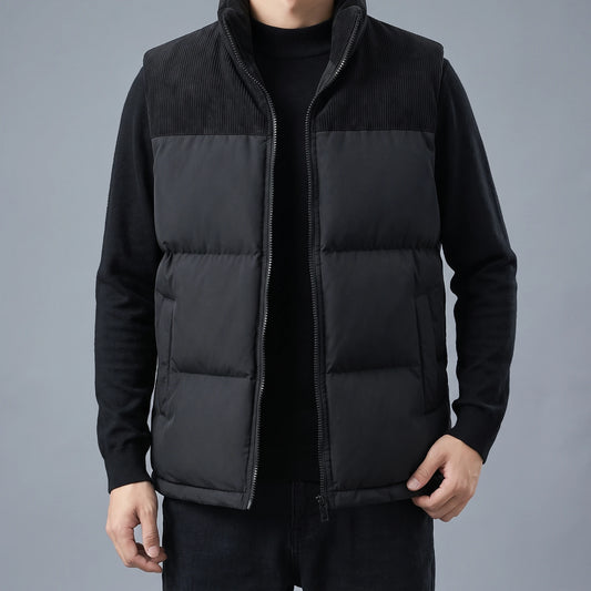 Brennick Puffer Vest in black, men's puffer vest with corduroy shoulders and stand collar