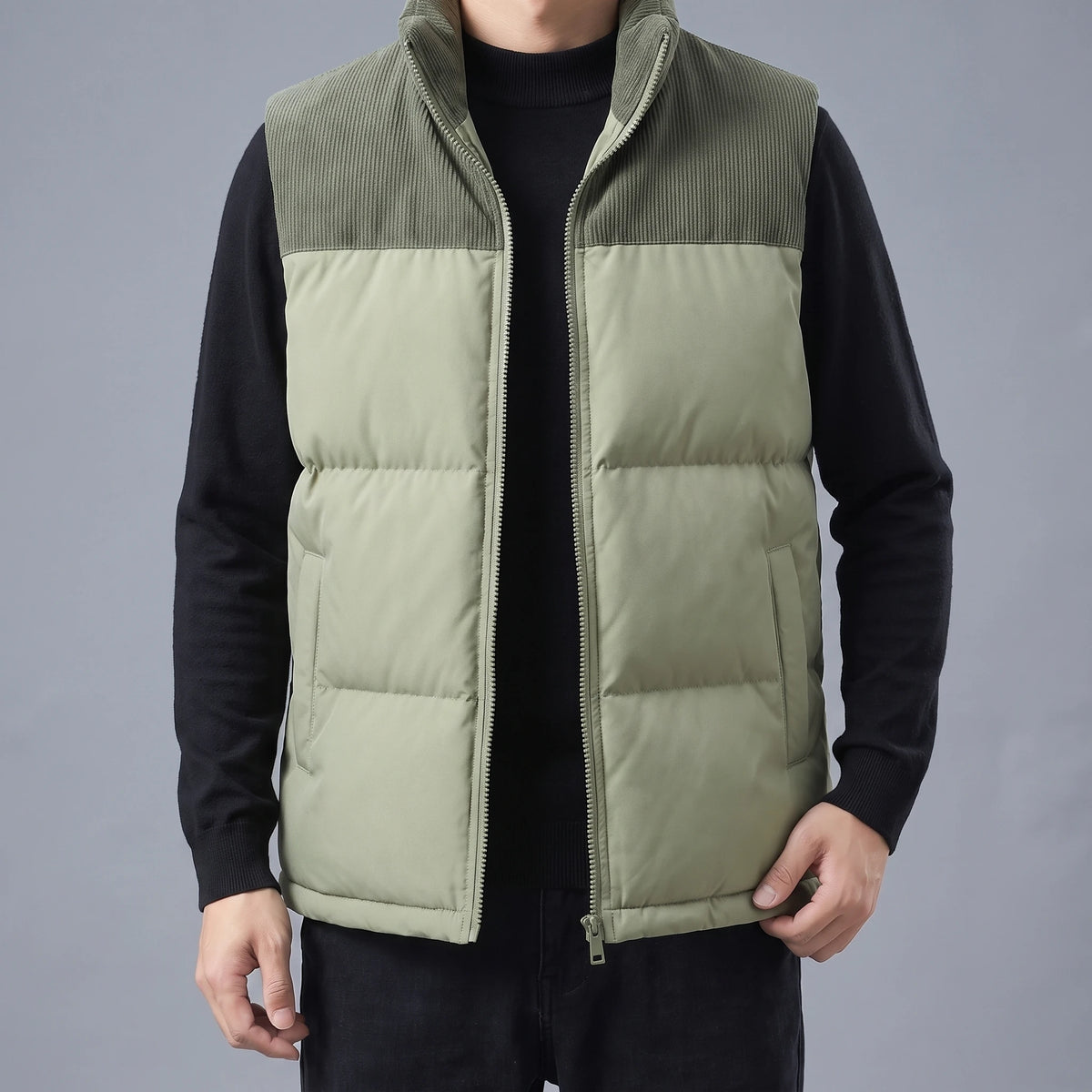 Brennick Puffer Vest in green, men's puffer vest with corduroy shoulders and stand collar