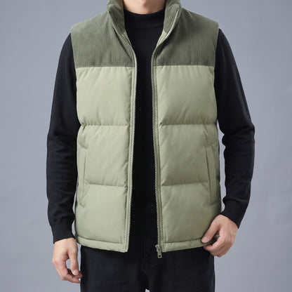 Brennick Puffer Vest in green, men's puffer vest with corduroy shoulders and stand collar