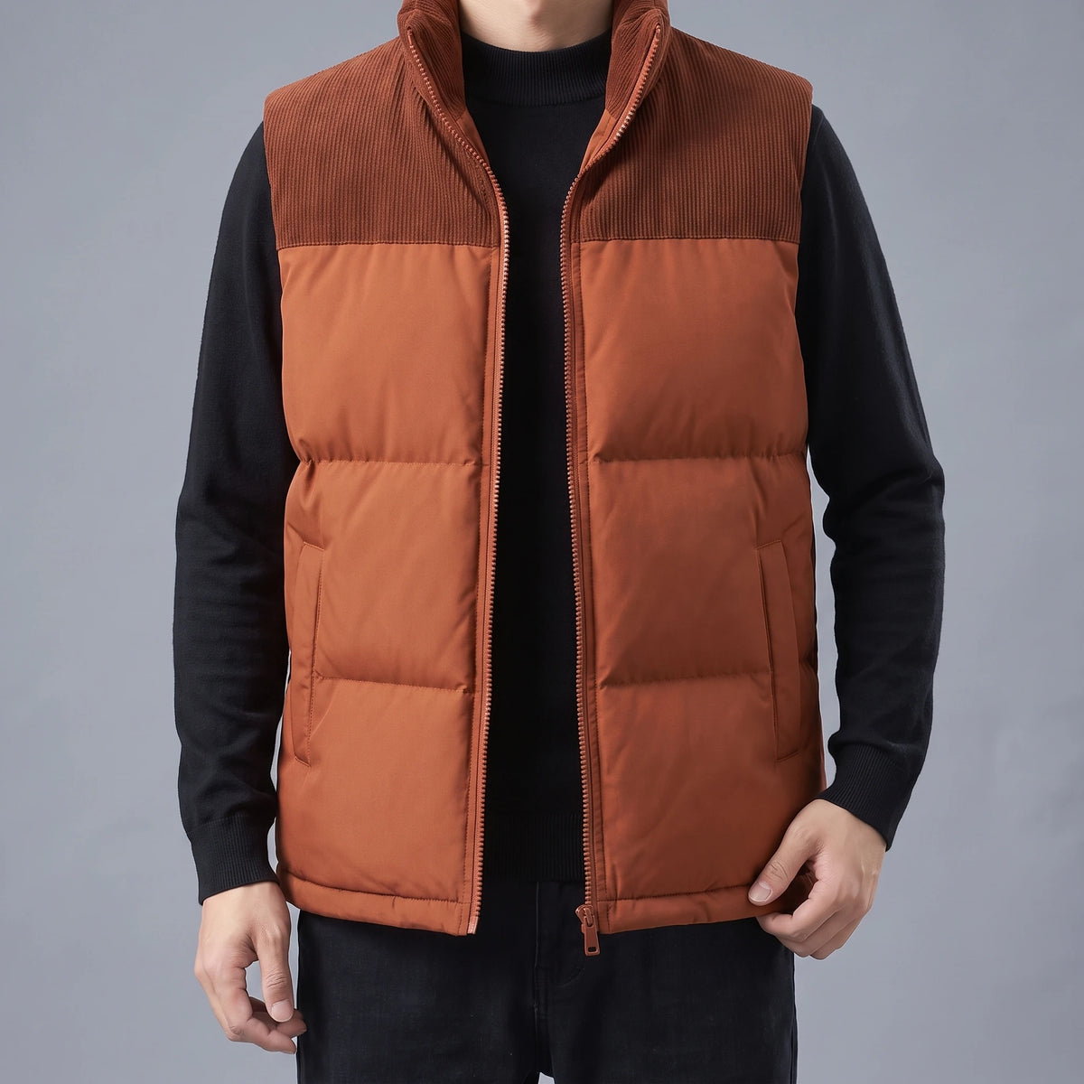 Brennick Puffer Vest in orange, men's puffer vest with corduroy shoulders and stand collar