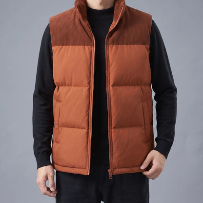 Brennick Puffer Vest in orange, men's puffer vest with corduroy shoulders and stand collar