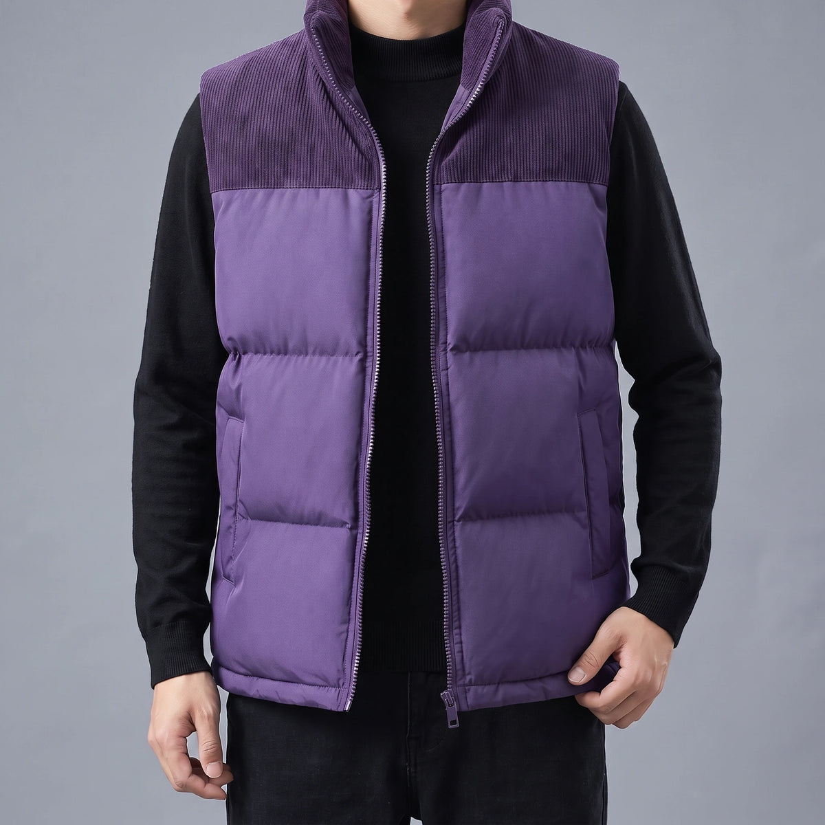 Brennick Puffer Vest in purple, men's puffer vest with corduroy shoulders and stand collar