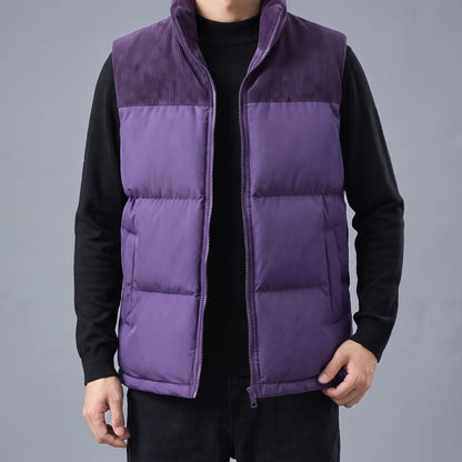 Brennick Puffer Vest in purple, men's puffer vest with corduroy shoulders and stand collar