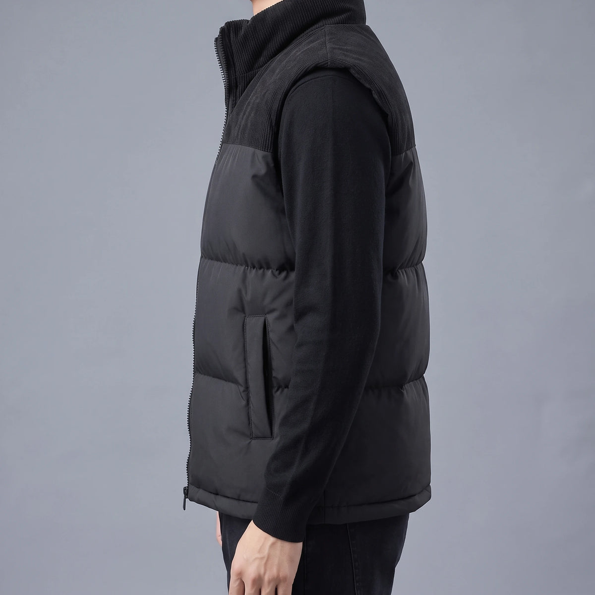 Brennick Puffer Vest side view showing puffer baffles and side hand pocket