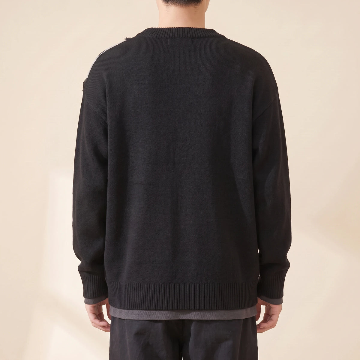 Brixton Fringe Sweater in black, men's crew-neck knit sweater with a fringed letter panel, back view