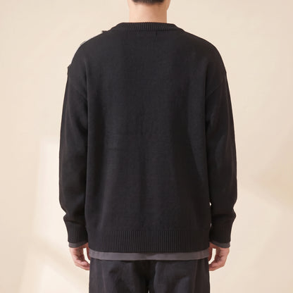 Brixton Fringe Sweater in black, men's crew-neck knit sweater with a fringed letter panel, back view