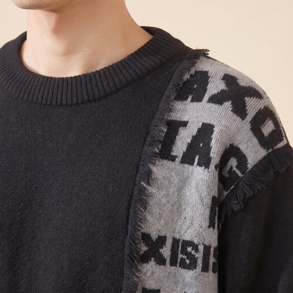 Brixton Fringe Sweater in black, men's crew-neck knit sweater with a fringed letter panel, close-up of the fringe and knitted letters