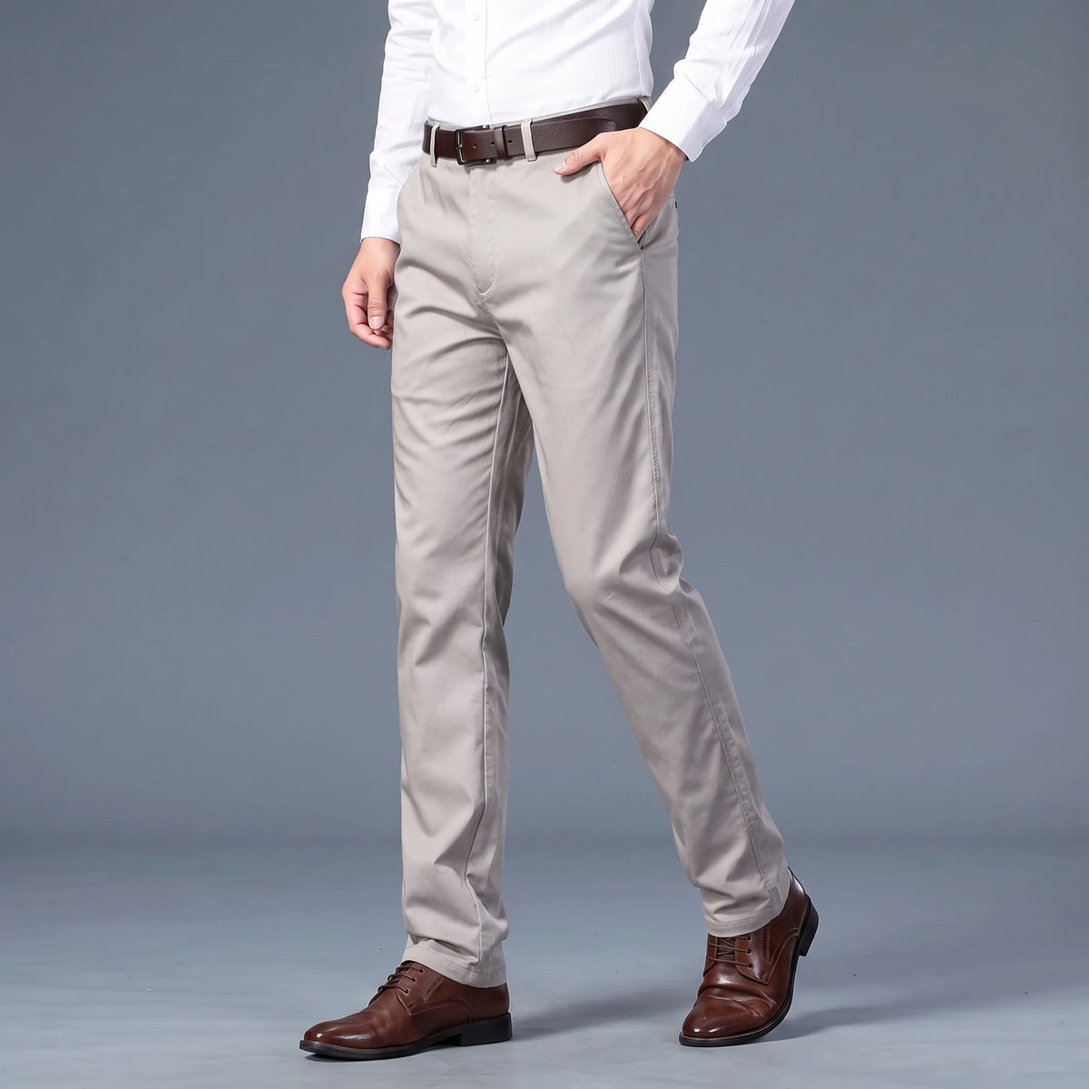 Callum Slim Chino in gray, men's slim flat-front chino trousers worn with a white shirt, front view