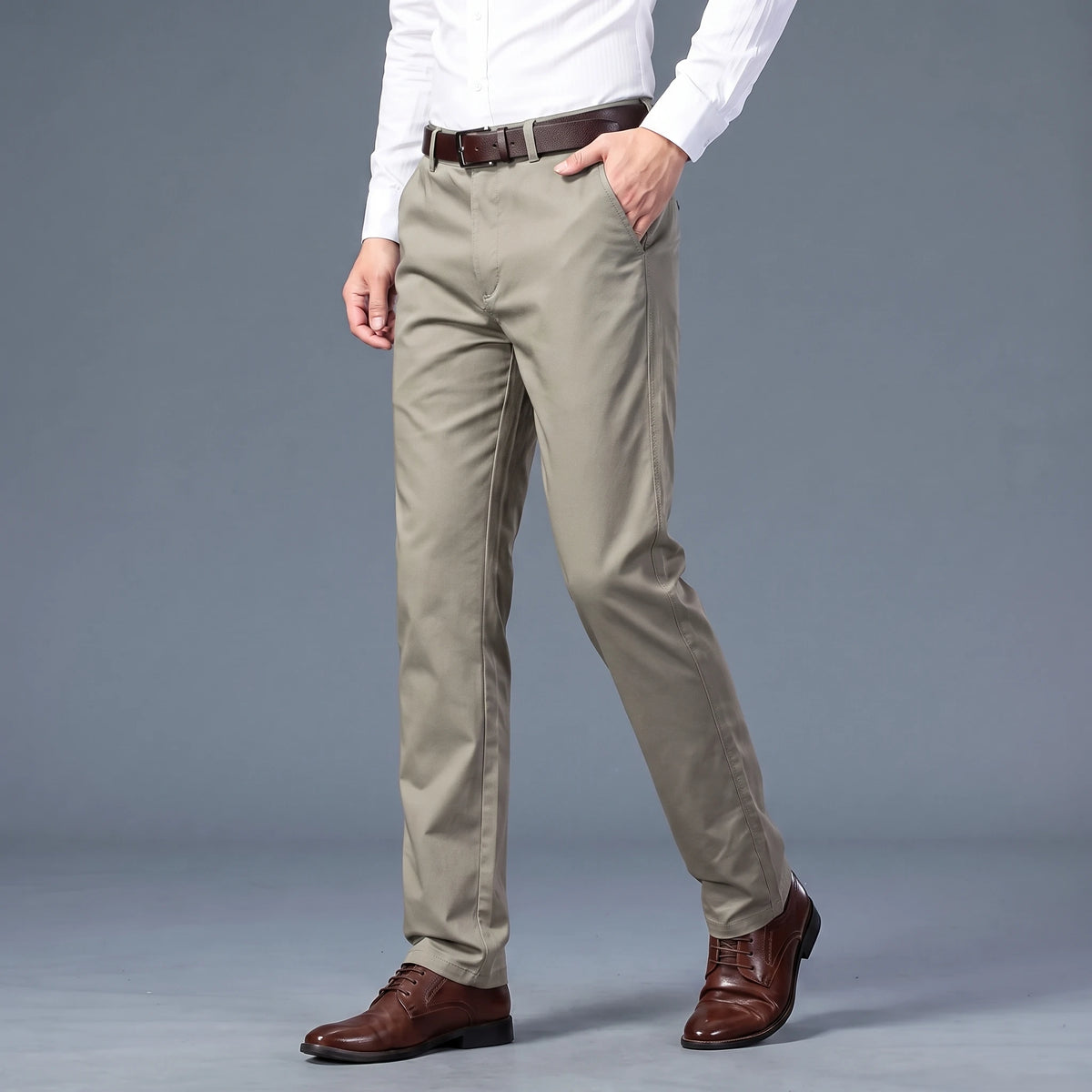 Callum Slim Chino in green, men's slim flat-front chino trousers worn with a white shirt, front view