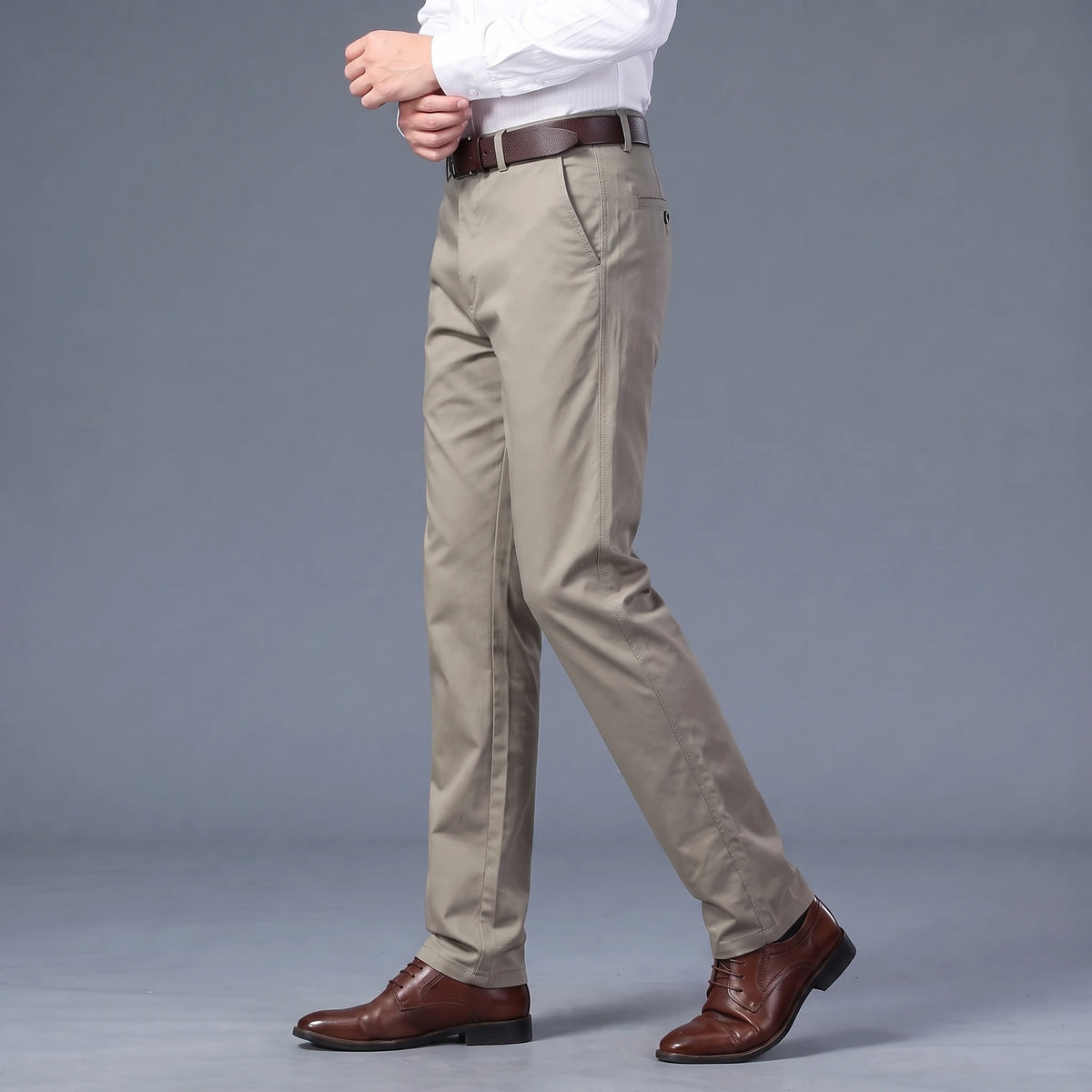 Callum Slim Chino green, side view showing the slim leg line