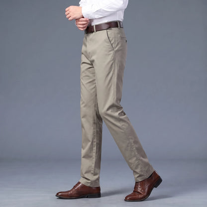 Callum Slim Chino green, side view showing the slim leg line