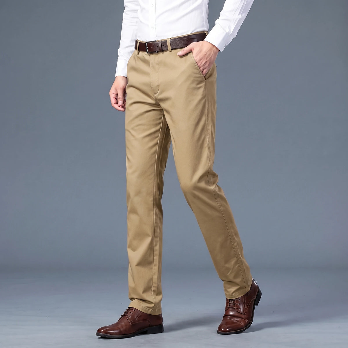 Callum Slim Chino in khaki, men's slim flat-front chino trousers worn with a white shirt, front view