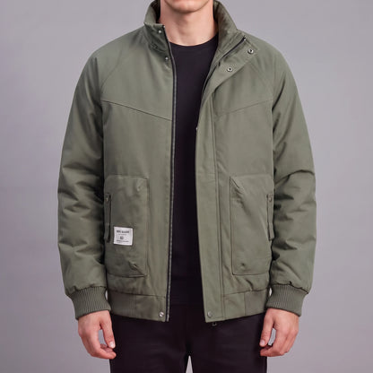 Corvan Stand-Collar Jacket in army green, men's padded zip jacket with a tall snap collar and patch pockets, front view