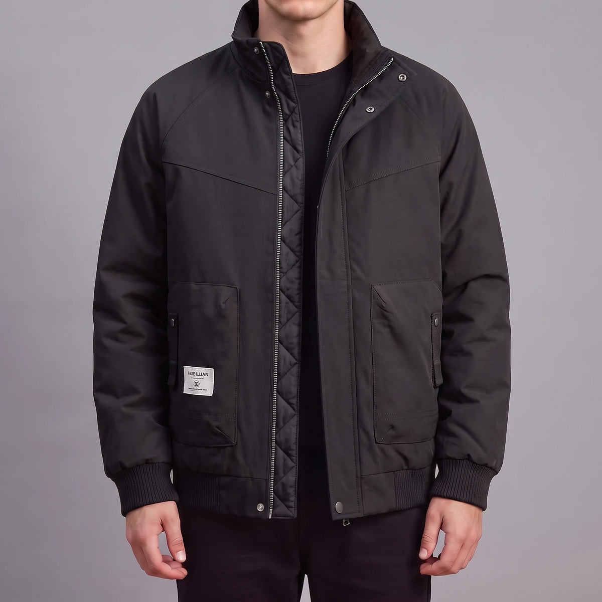 Corvan Stand-Collar Jacket in black, men's padded zip jacket with a tall snap collar and patch pockets, front view