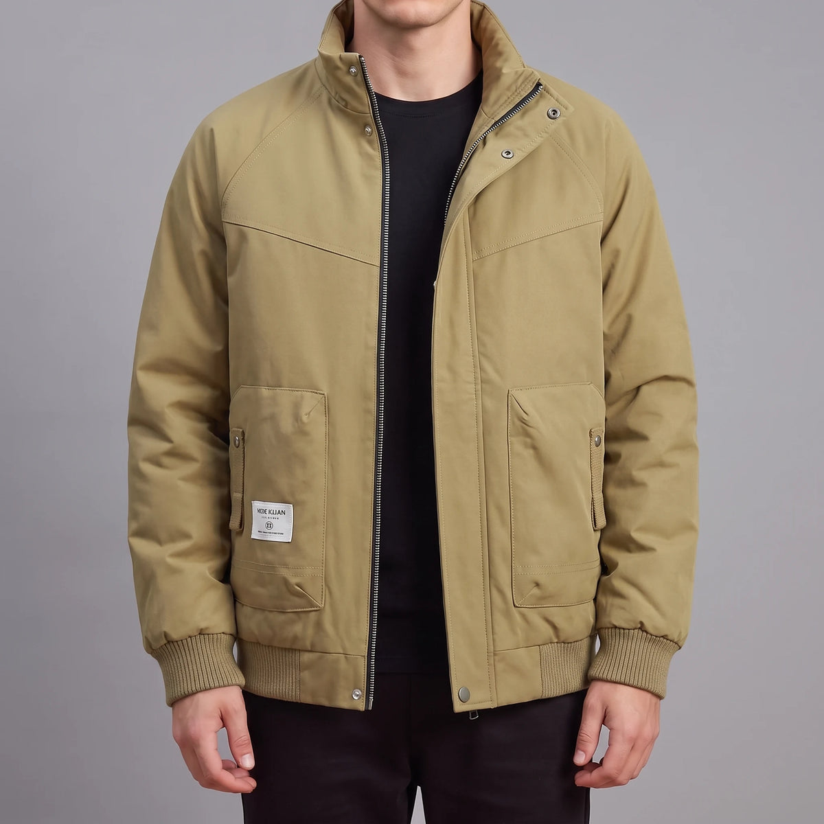 Corvan Stand-Collar Jacket in khaki, men's padded zip jacket with a tall snap collar and patch pockets, front view