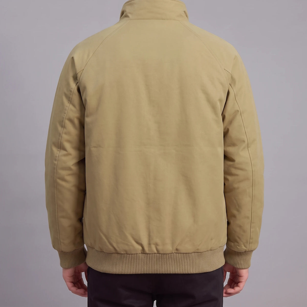 Corvan Stand-Collar Jacket in khaki, men's padded zip jacket with a tall snap collar and patch pockets, back view