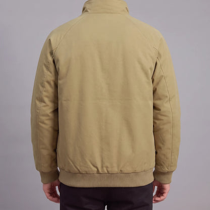 Corvan Stand-Collar Jacket in khaki, men's padded zip jacket with a tall snap collar and patch pockets, back view