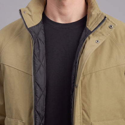 Corvan Stand-Collar Jacket in khaki, men's padded zip jacket with a tall snap collar and patch pockets, close-up of the snap collar, zip and quilted lining