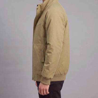 Corvan Stand-Collar Jacket in khaki, men's padded zip jacket with a tall snap collar and patch pockets, side view