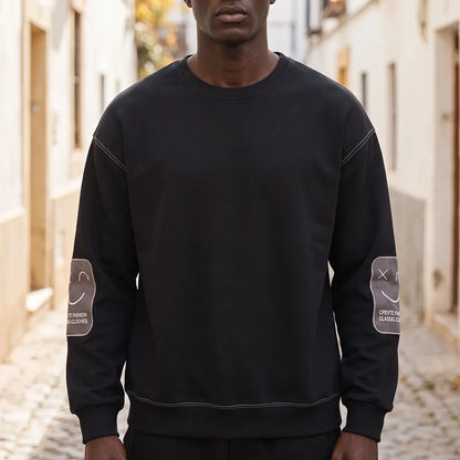 Corwin Classic Crewneck in black, men's crewneck sweatshirt with Classic sleeve patch, worn on street