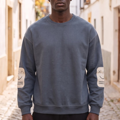 Corwin Classic Crewneck in grey, men's crewneck sweatshirt with Classic sleeve patch, worn on street