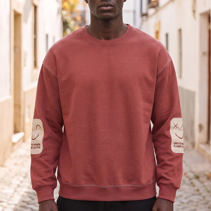 Corwin Classic Crewneck in red, men's crewneck sweatshirt with Classic sleeve patch, worn on street
