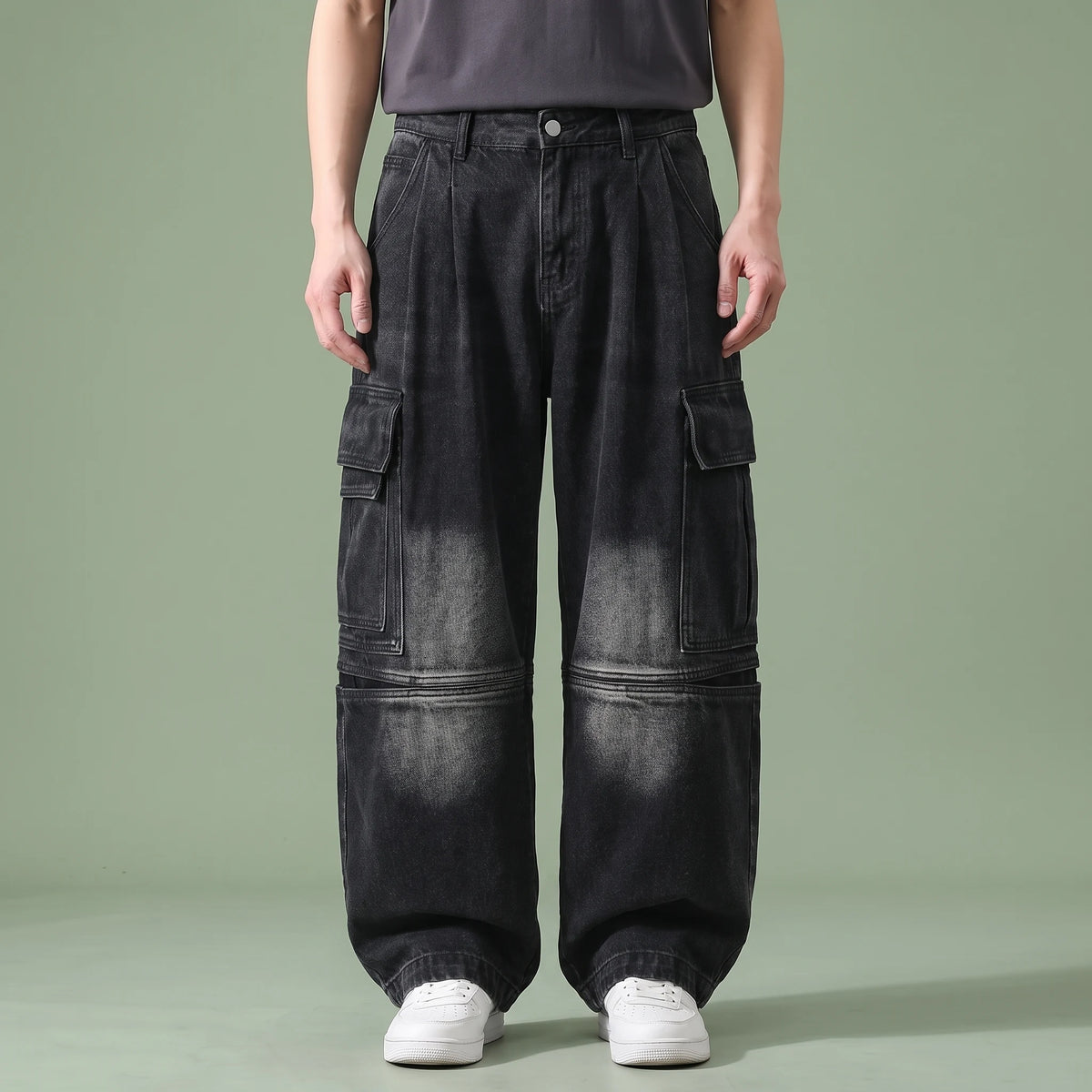 Dalton Baggy Cargo Jean in black, men's washed black baggy wide-leg cargo jeans with flap pockets