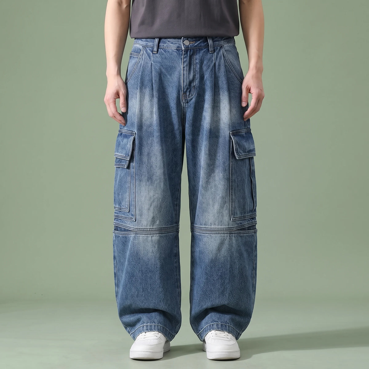 Dalton Baggy Cargo Jean in blue, men's mid-wash baggy wide-leg cargo jeans with flap pockets