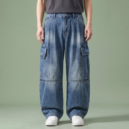 Dalton Baggy Cargo Jean in blue, men's mid-wash baggy wide-leg cargo jeans with flap pockets