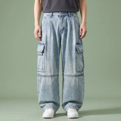 Dalton Baggy Cargo Jean in light blue, men's baggy wide-leg cargo jeans with flap pockets and panelled knees, studio shot