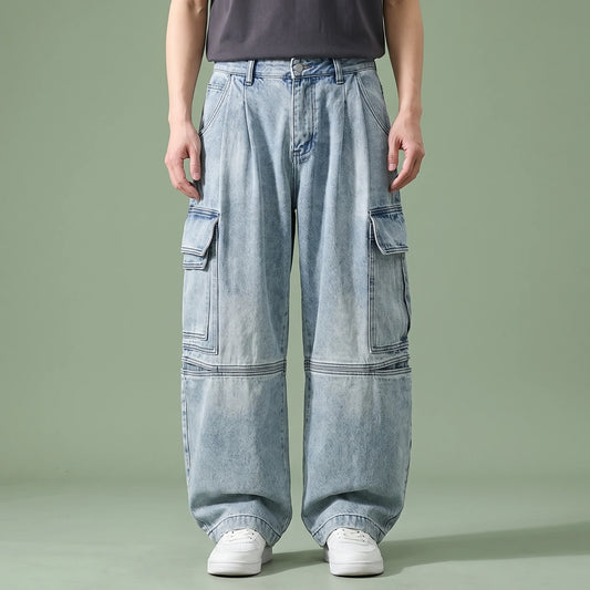 Dalton Baggy Cargo Jean in light blue, men's baggy wide-leg cargo jeans with flap pockets and panelled knees, studio shot