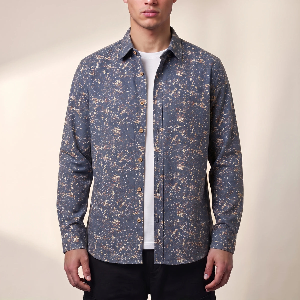 Dorian Layering Shirt in blue, men's slate blue shirt with small floral print, worn open over a white tee