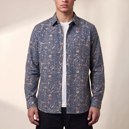 Dorian Layering Shirt in blue, men's slate blue shirt with small floral print, worn open over a white tee
