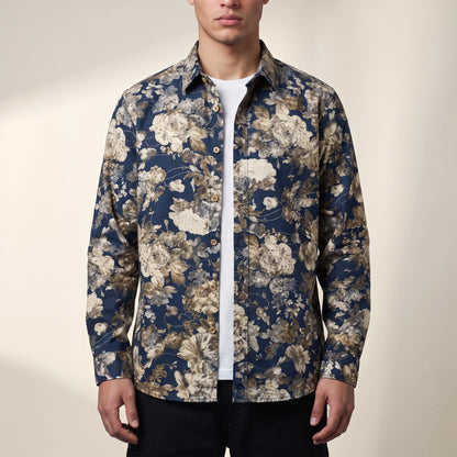 Dorian Layering Shirt in navy, men's long-sleeve button-up with large floral print, worn open over a white tee