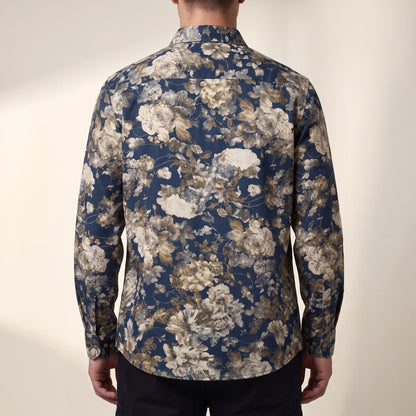 Dorian Layering Shirt navy floral print, back view on model