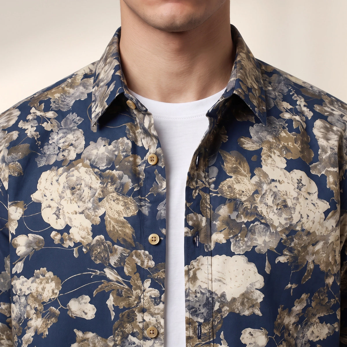 Dorian Layering Shirt close-up of point collar, button placket and navy floral print