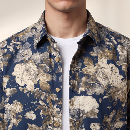 Dorian Layering Shirt close-up of point collar, button placket and navy floral print