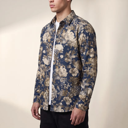 Dorian Layering Shirt navy floral print, side view on model