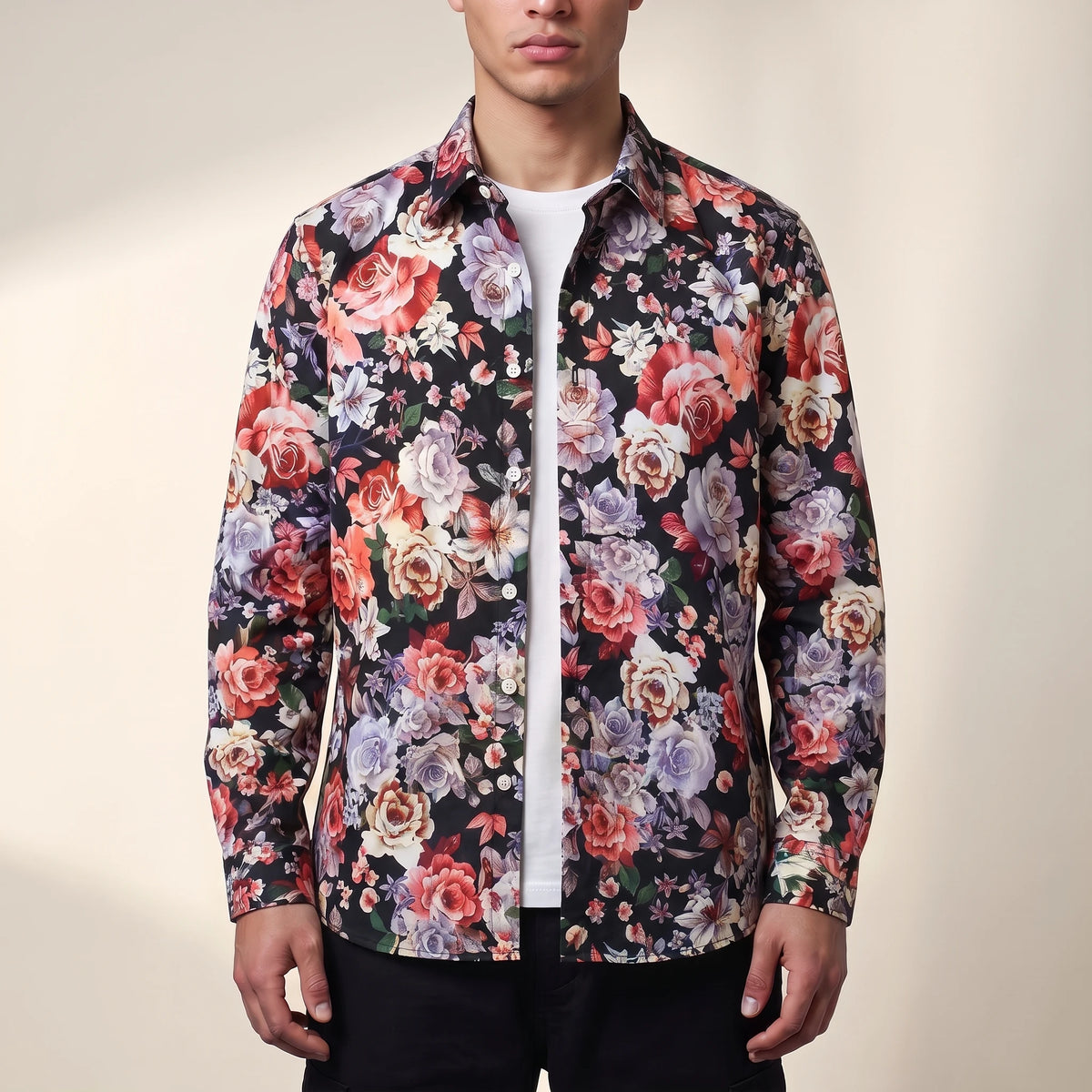 Dorian Layering Shirt in red, men's black shirt with red and pink rose print, worn open over a white tee