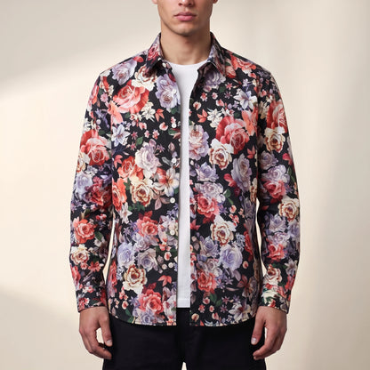 Dorian Layering Shirt in red, men's black shirt with red and pink rose print, worn open over a white tee