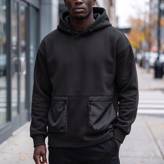 Draven Cargo Hoodie in black, men's oversized pullover hoodie with two zip cargo pockets, worn front view on city street