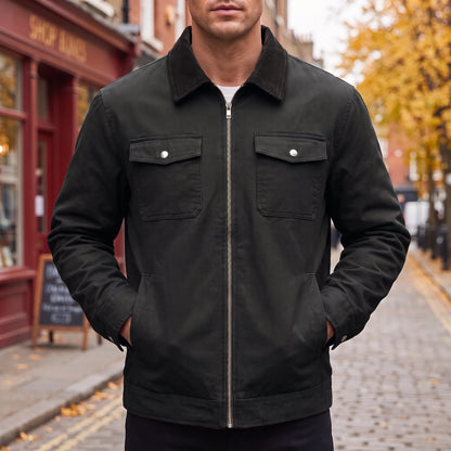 Garrick Work Jacket in black, men's cotton work jacket with corduroy collar, worn on autumn street