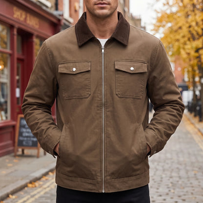 Garrick Work Jacket in brown, men's cotton work jacket with corduroy collar and snap chest pockets, worn on autumn street