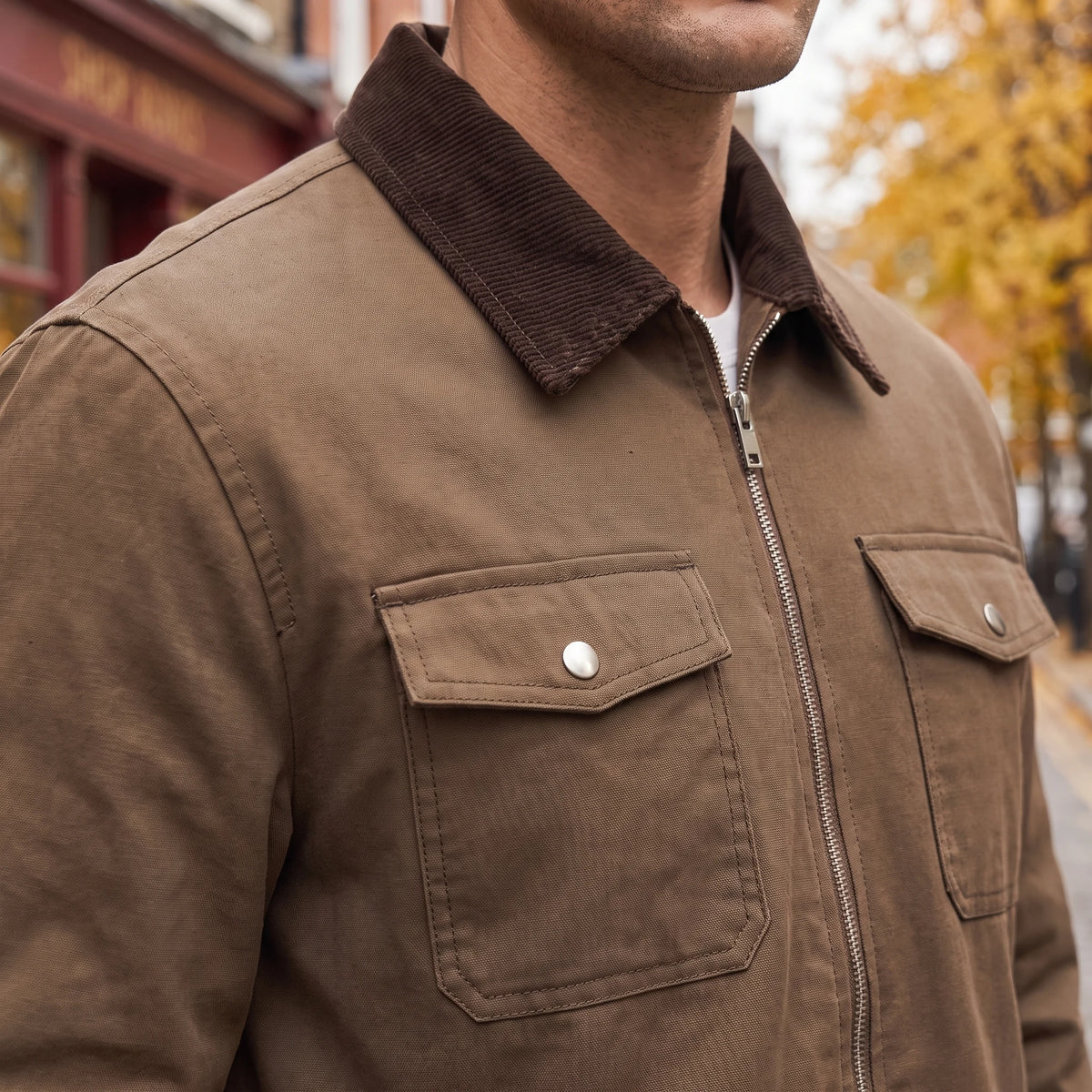 Garrick Work Jacket close-up of corduroy collar, zip and snap chest pocket