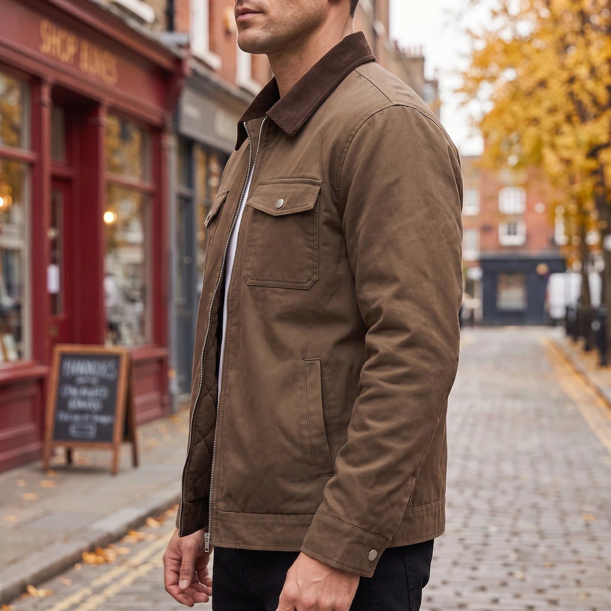 Garrick Work Jacket brown, side view on model