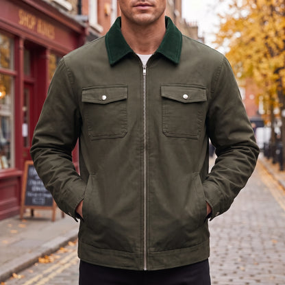 Garrick Work Jacket in green, men's olive work jacket with green corduroy collar, worn on autumn street