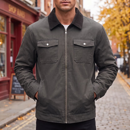 Garrick Work Jacket in grey, men's charcoal work jacket with corduroy collar, worn on autumn street