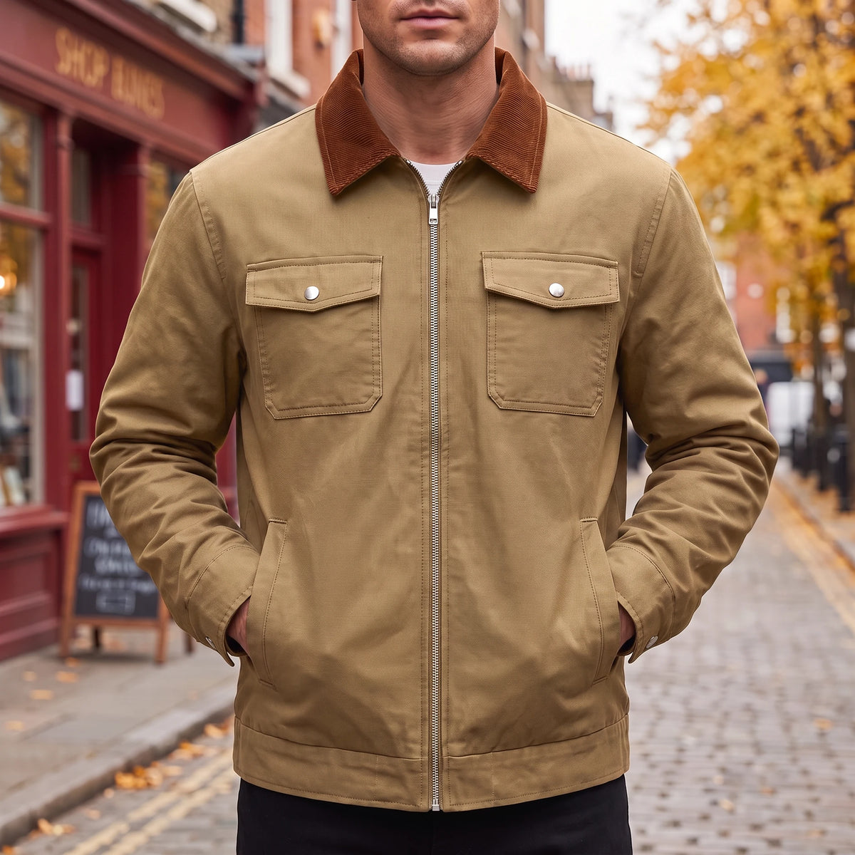 Garrick Work Jacket in khaki, men's tan work jacket with rust corduroy collar, worn on autumn street