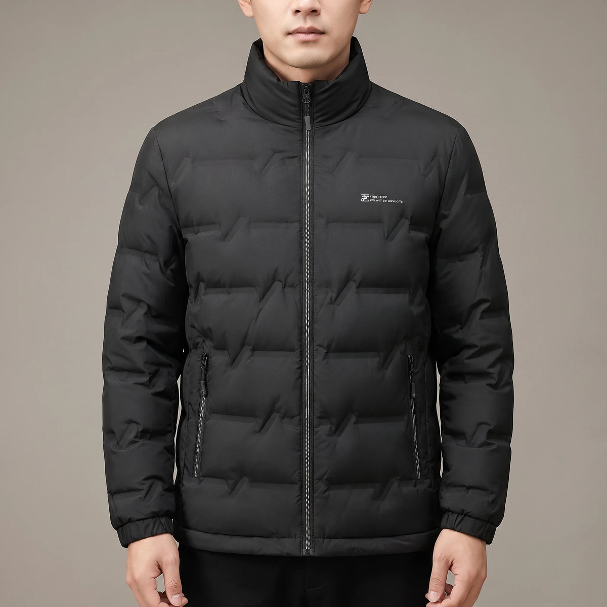 Halden Down Puffer in black, men's short quilted puffer jacket with stand collar, worn in studio